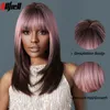 Pink to Brown Ombre Layered Synthetic Wigs Hair for Women Medium Length Straight Cosplay Colored Wigs with Bangs Heat Resistantf