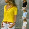 Damen Blusen Hemden Frauen Solide Weiße Bluse Tops Büro Dame Arbeit Chiffon Knopf Sommer Kurzarm Hemd Gelb Rot Weiblich FemmeWome