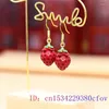 Brincos Dangle Red Cinnabar Strawberry Gemtones Gemstone Amulets Presente Jade Charms Natural 925 Mulheres de joalheria esculpidas de amuleto de prata