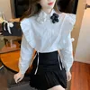 Women's Blouses Temperament Ruffled Shirts 2023 Spring Three-dimensional Flower Woman Shirt Beading Ribbon Fairy Cute Blouse Women Korean