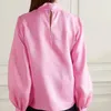 Camicette da donna 2023 primavera ed estate rosa chiaro viola collo a mezza altezza manica a lanterna camicia a maniche lunghe da donna