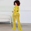 Femmes deux pièces pantalons WUHE dentelle résille 2023 plage Bikini couverture tenue femmes 2 ensemble à manches longues haut court taille haute jambe large pantalon correspondant