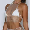 Damestanks y2k strand sexy crop top dames glanzende strass mesh fishnet zomervakantie backless holle hollow out rave feest clubkleding tanktops