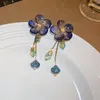 Pendientes colgantes moda gota de flor de cristal azul para mujer accesorios de fiesta de boda cadena de borla bonita joyería de moda para mujer