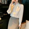 Dames blouses mode knop kralenketen chiffon shirt dames kleding 2023 herfst revers kraag casual tops losse zakelijke blouse