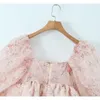 Sukienki imprezowe Yenke 2023 Sweet Princess Floral Print Organza Sukienka Vintage Puff Rleeve Square Neck Ladies Mini Fairy Saaty