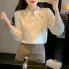 Dames blouses mode knop kralenketen chiffon shirt dames kleding 2023 herfst revers kraag casual tops losse zakelijke blouse