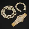 Brincos de colar Set Watch Bracelet Bling Iced Out Miami Cuban Link Chain Prong Paving Rhinestone Hip Hop Jeia para homens Mulheres