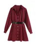 Casual Dresses YENKYE 2023 Women With Belt Wine Red Shirt Dress Vintage Long Sleeve Elegant Female Short Autumn Vestido