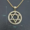 Colares pendentes Hip Hop Gold Color Vintage Star de Hexagram de David Aço inoxidável com colar de zircão de 60 cm de comprimento de ligação ou mulheres