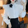 Women's Blouses Temperament Ruffled Shirts 2023 Spring Three-dimensional Flower Woman Shirt Beading Ribbon Fairy Cute Blouse Women Korean