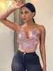 Mulheres Tanques Camis SRUBY Sexy Party Metal Metálico Crop Top Mulheres Espartilho Praia Halter Corset S Glitter Night Club Tank Roupas Natal 230428