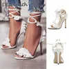 Летние женские туфли Lady Sandals White Cross Lace Up Ruffle High Heels Pumps Shoes Women Fashion Banquet Sandalias Mujer WSH3255