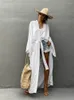 Casual Dresses 2023 Solid Long Sleeve Self Belted Kimono Dress Plus Size Women Elastic Waist Loose Slit Beach A1247