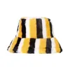 Berets FOXMOTHER Warm Bucket Hats Black Yellow Striped Gorros Panama Faux Fur Fluffy Fisherman Caps Women Winter