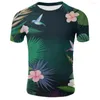 Camisetas masculinas 2023 Moda de verão Round Neck Camiseta curta Flores brilhantes e estampas de folha verde Rua de impressão 3D