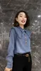 Женские блузки Elegante Ruffle Denim Blusas Женщины корейская модая синяя окладка дизайн верхней рубашки размером 4xl Spring Camisa Vaquera Mujer E447