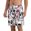 Pantalones cortos para hombre, ropa de playa de secado rápido para hombre, traje de baño de calavera y flores de cerezo rosa, traje de baño para hombre 2023, traje de baño de verano