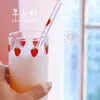 Water Bottles 300 ML High Borosilicate Nana Cute Strawberry Milk Drinking Glasses Cup with Straw Upgrade Thickened Version 230428