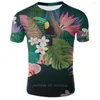 Camisetas masculinas 2023 Moda de verão Round Neck Camiseta curta Flores brilhantes e estampas de folha verde Rua de impressão 3D