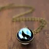 fashion howling wolf moon Necklaces double sided glass ball time gemstone pendant necklace silver bronze chains jewelry hipl32