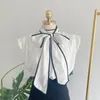 Damskie bluzki mikaduki elegancka duża bowknot krótka bluzka latająca rękawy Dwie boki japońskie designerskie kobiety letnie koszule na szyi sweather