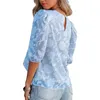 Bloups feminina camisas de férias bordando chiffon azul chique chique de meia manga Camisa de verão casual fêmea feminina 230428