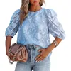 Bloups feminina camisas de férias bordando chiffon azul chique chique de meia manga Camisa de verão casual fêmea feminina 230428