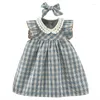 Flickklänningar 2 -stycken Summer Kids Set Baby Girls Clothes Toddler Korean Cute Plaid ärmlös Cotton Doll Collar Princess Dress BC517