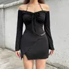 Casual jurken qweek zwarte sexy bodycon halter jurk vrouwen 2023 streetwear0 off schouder mini korte slanke schede Koreaanse outfits in