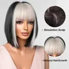 Perruques Bob noires synthétiques droites courtes avec une frange blonde platine pour les femmes cheveux blonds naturels Cosplay résistants à la chaleurfac