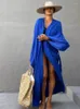 Casual jurken 2023 Solid Long Sleeve Self Gorde Kimono Dress Plus Size Vrouwen Elastische taille Loose Slit Beach A1247
