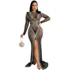 Robes Décontractées Zabrina Élégant Pour Les Femmes Diamants Extensibles Robe À Manches Longues Maille Transparente Fente Maigre Automne Hiver Vestidos Moulante