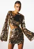 Casual Dresses 2023 Summer Women's Gold Long Sleeve Open Back Sexy Tight Fashion Sequins Mini Dress Elegant Celebrity Party