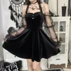 Casual jurken Goth Mall Black Mini Dress Vintage Esthetic Mesh Sleeve High Taille Gothic Sexy Velvet Party Outfit Summer