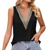 Camisetas sin mangas para mujer, camisetas sin mangas sólidas de verano, camisas sexys de encaje fluido para ocultar el vientre, cuello en V profundo, lindo informal