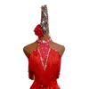 Abbigliamento da palcoscenico Abito da ballo latino rosso per donna Gonne con strass nappa Donna Rumba Samba Tango Cha Costume da competizione