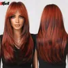 Red Brown Cosplay Long Layered Synthetic Wig with Bangs Brown Highlight Straight Hair Copper Ginger for Women Wig Heat Resistant