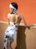 Etapa desgaste mujeres baile latino rendimiento vestido femenino sexy con cuello en v práctica dividida rumba tango salón de baile ropa de baile dqs10480