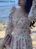 캐주얼 드레스 미디 꽃 드레스 슬림 긴 소매 우아한 여자 빈티지 해변 이브닝 파티 한국 패션 2023 봄 세련