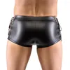 Underpants Mens Sexy Underwear Latex Wetlook Tight Pants Leather Lace-up Zipper Boxer Shorts Men Nightclub PU Dance Clubwear