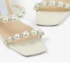 Fashion Women Sandalen Amara Pearl verfraaid Baotou Pointed Head Ladies Slipper 4.5 cm vierkante gesp geworden platte sandalen slippers zomerjurkschoenen