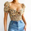 Kvinnors T -skjortor Skjorta Puff Sleeve Crop Top Floral Cut Out Ruffled V Neck Bow Slim Fit Elastic Print Blouse Summer Chic Tops Women