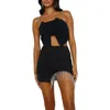 Two Piece Dress Women's Summer 2PCS Outfit Sets Black Irregular Sling Vest Split Rhinestone Mini Skirt