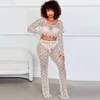 Femmes deux pièces pantalons WUHE dentelle résille 2023 plage Bikini couverture tenue femmes 2 ensemble à manches longues haut court taille haute jambe large pantalon correspondant