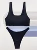 Women's Swimwear Solid Color Swimsuit For Women 2023 Sexy High Waist Two-piece U-neck Bikini Special Fabric Beach Bathing Suit LG140