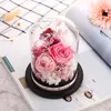 Fleurs décoratives cadeau Saint Valentin pour petite amie fleur éternelle dans la couverture en verre décoration de la maison de la mère Roses de mariage séchées à la lumière LED