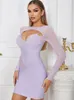 Casual jurken sexy o nek mesh patchwork holle verbindingsjurk elegant violet lange mouw bodycon mini dames avond feestclub