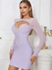 Casual Dresses Sexig O Neck Mesh Patchwork Hollow Bandage Dress Elegant Violet Long Sleeve BodyCon Mini Women Evening Party Club