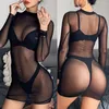 Vêtements de nuit pour femmes Sleepshirts Lounge Dress Femmes Sexy Couleur unie à manches longues Voir à travers Sheer Nightwear Moulante Noir